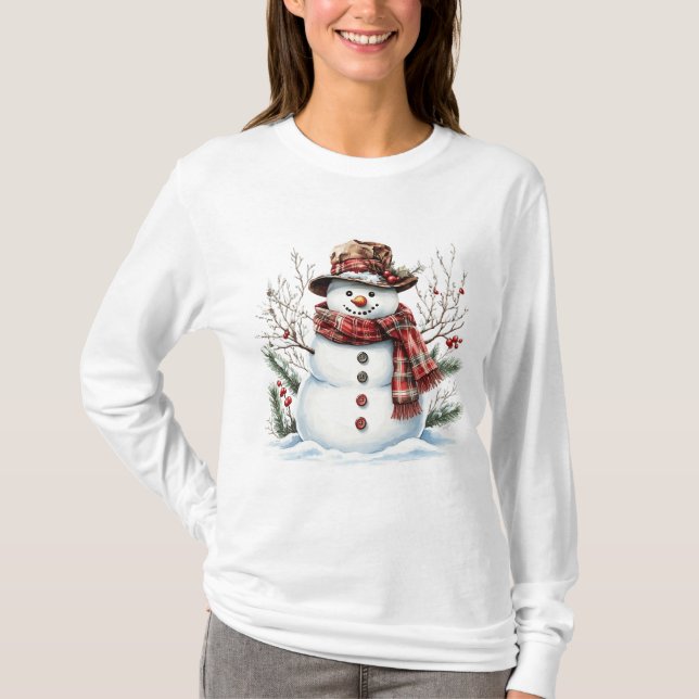 Camiseta Watercolor Snowman Classic Plaid Scarf Winter (Frente)