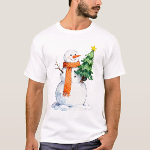 Camiseta Watercolor Snowman Segurando a Árvore de Natal de
