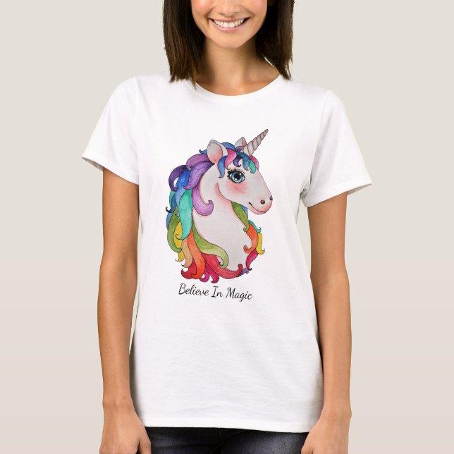 Camiseta Watercolor Unicorn Com Cabelo Arco-Íris (Frente)