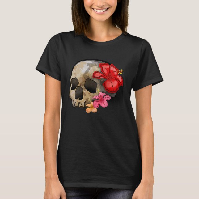 Camiseta Watercolour hippie gothic skull hibiscus floral Ha (Frente)