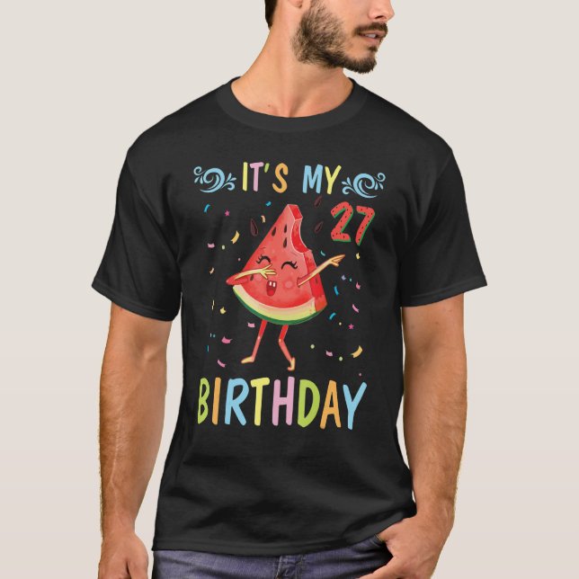 Camiseta Watermelon Dabbing feliz comigo aos 27 anos É M (Frente)