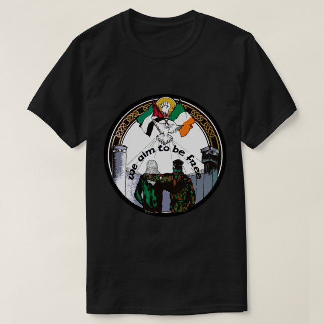 Camiseta We Aim To Be Free - Irish Palestinian Solidarity.  (Frente do Design)