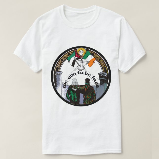 Camiseta We Aim To Be Free - Irish Palestinian Solidarity.  (Frente do Design)