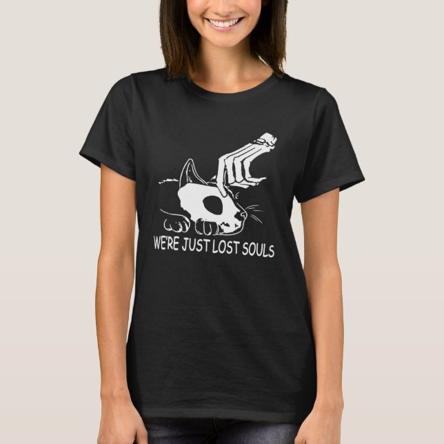 Camiseta We re Just Lost Souls Skull Skeleton Cat Halloween (Frente)
