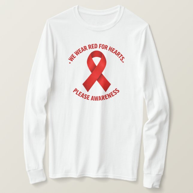 Camiseta We Wear Red for Hearts – Red Ribbon Awareness (Frente do Design)