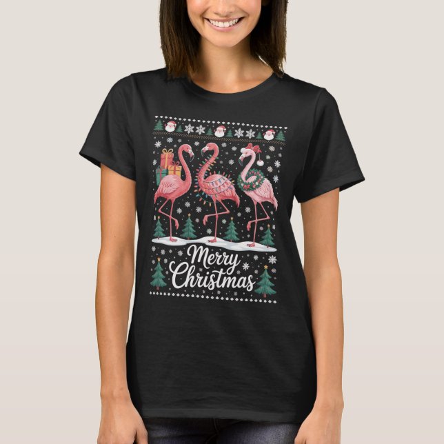 Camiseta Weihnachtsflamingos mit Schneeflocken und Deko (Frente)