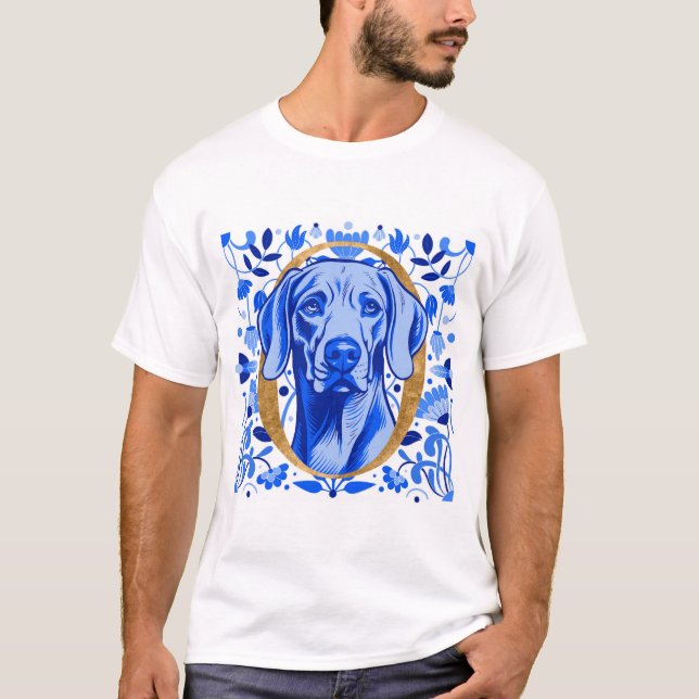 Camiseta Weimaraner espiando através da letra "O" em Ouro (Frente)