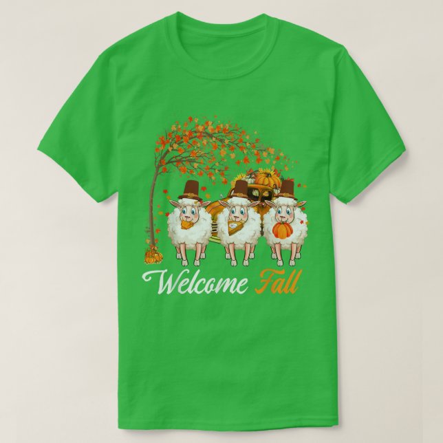 Camiseta Welcome Autumn Tree Three Sheep Farmer Pumpkins Pi (Frente do Design)