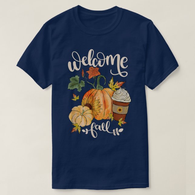 Camiseta Welcome Fall Pumpkin Sunflower Maple Leaves Thanks (Frente do Design)