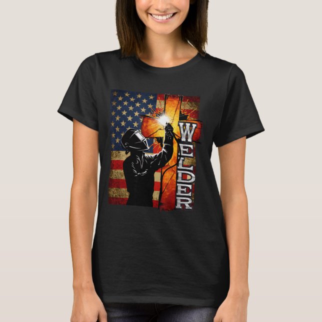 Camiseta Welder American Flag Welding Faith Cross Christian (Frente)