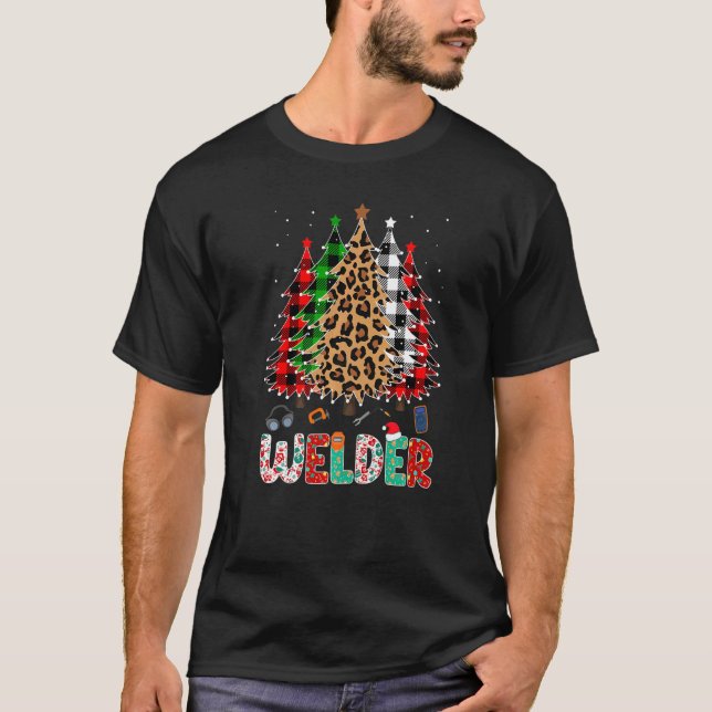 Camiseta Welder Leopard Red White Green Plaid Christmas Tre (Frente)