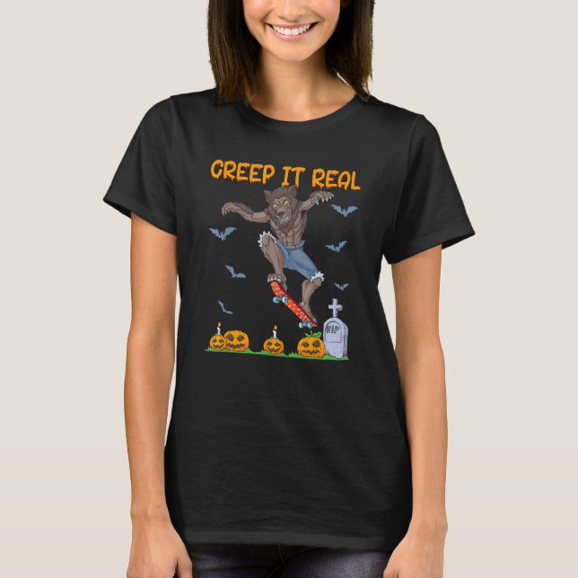 Camiseta Werewolf Skater Halloween Skateboarding Creep It R (Frente)