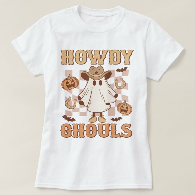 Camiseta Western Country Cowgirl Howdy Ghouls Halloween (Frente do Design)