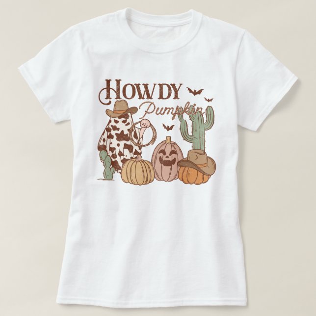 Camiseta Western Country Cowgirl Howdy Pumpkin Halloween (Frente do Design)