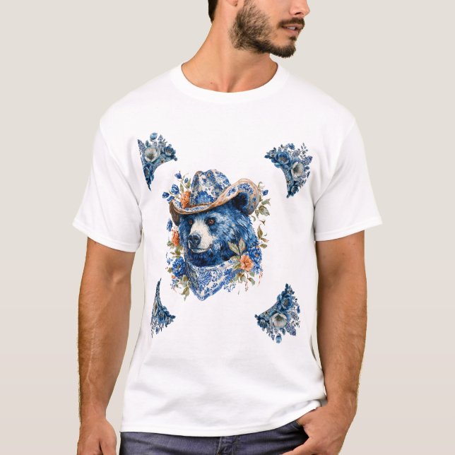 Camiseta Western Cowboy Bear - Blue Bear with Floral Bandan (Frente)