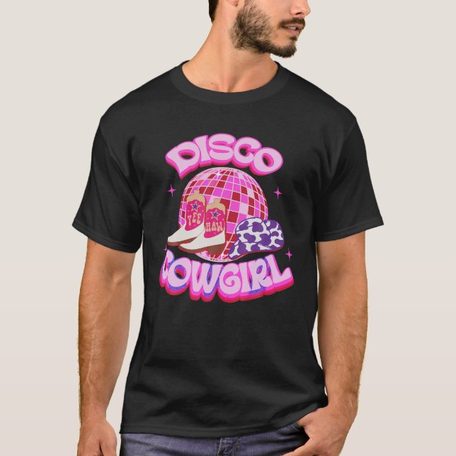 Camiseta Western Cowgirl Yeehaw Pink Disco Ball Cowboy Boot (Frente)