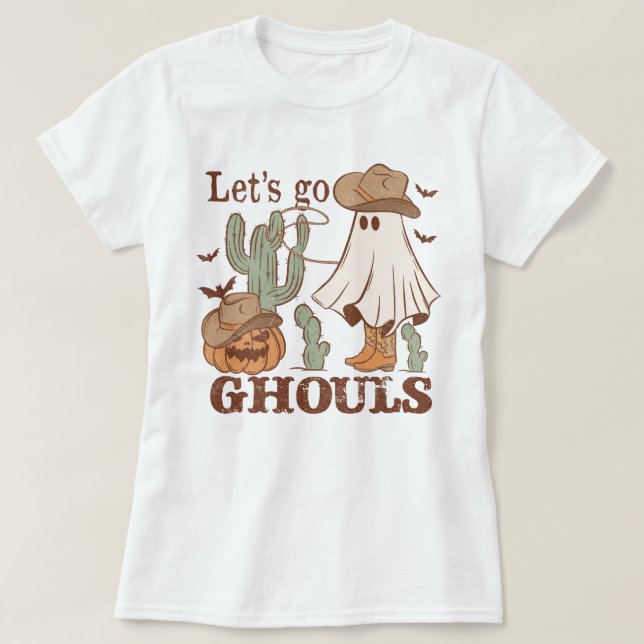 Camiseta Western Howdy Pumpkin Ghost Cowboy Vamos Ghouls (Frente do Design)