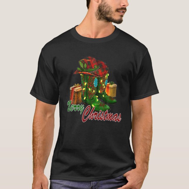 Camiseta Western Texas Cowboy Boots Hat Feliz Vaca de Natal (Frente)