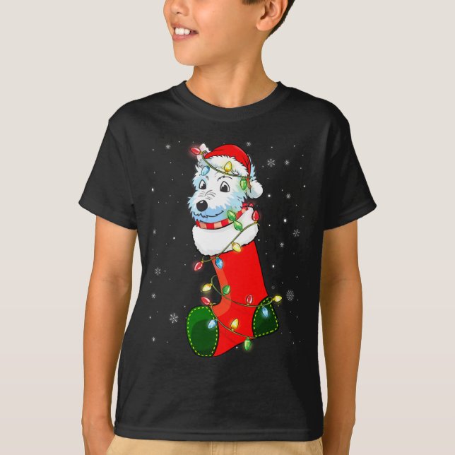 Camiseta Westie Christmas Tree Westie Santa Hat Lights Xmas (Frente)
