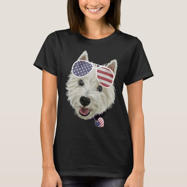 Camiseta Westie Dog Fourth Of July USA Flag Glasses And Hea (Frente)
