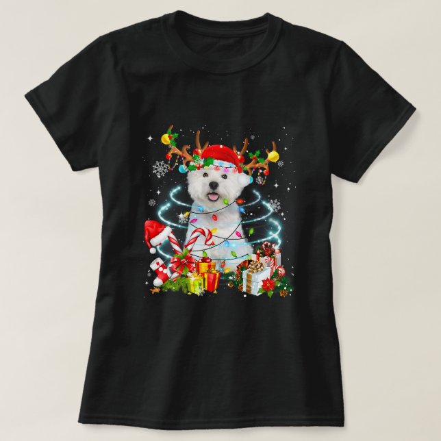Camiseta Westie Reindeer Natal Lights Pajama Dog X (Frente do Design)