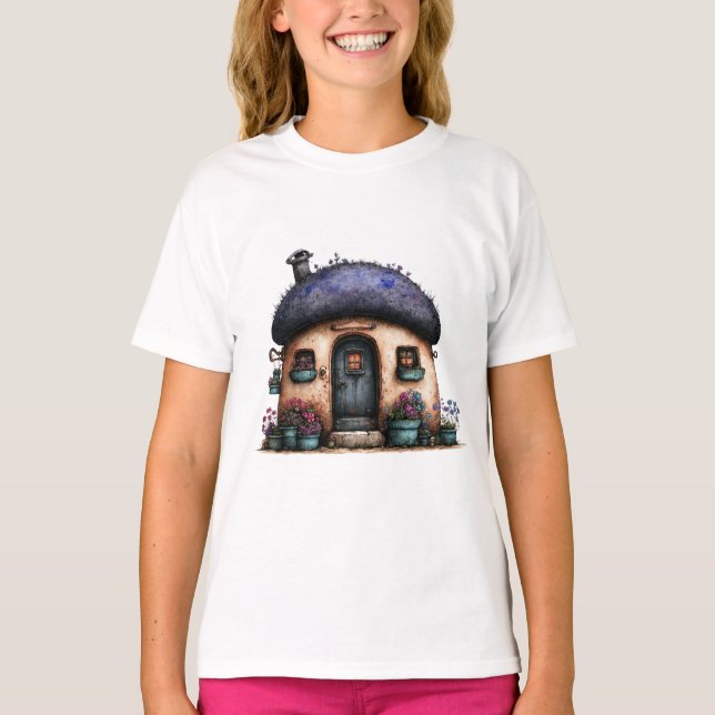 Camiseta Whimsical Cottage House Art  Fantasy Illustration (Frente)