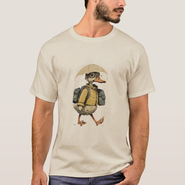 Camiseta Whimsical Duck Walking in Rain Art (Frente)