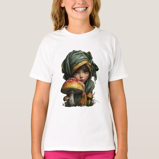 Camiseta Whimsical Forest Girl with Mushroom Fantasy Art (Frente)