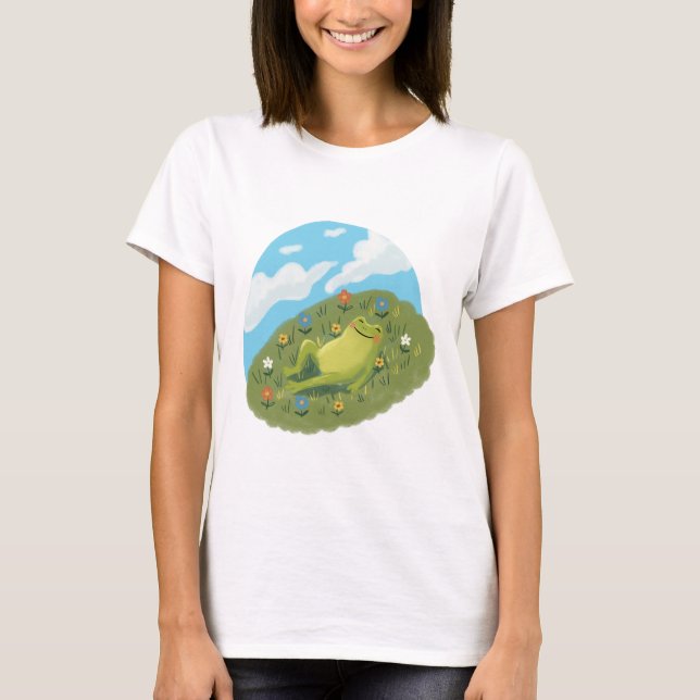 Camiseta Whimsical Frog Chilling On The Hill Illustration (Frente)
