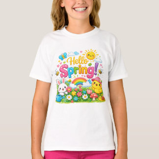 Camiseta Whimsical "Hello Spring" Illustration with Bunny