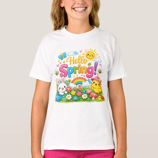 Camiseta Whimsical "Hello Spring" Illustration with Bunny (Frente)