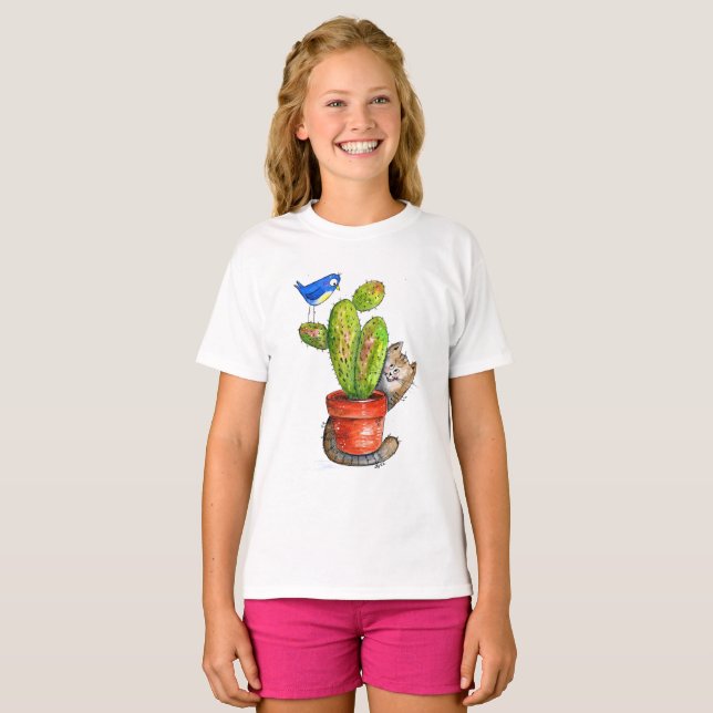 Camiseta Whimsical Sneaky Cat com Cactus (Frente Completa)