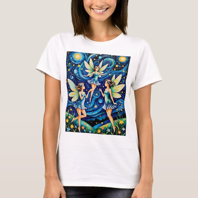 Camiseta Whimsical Starry Night Fairy Art Shirt Fantasy (Frente)