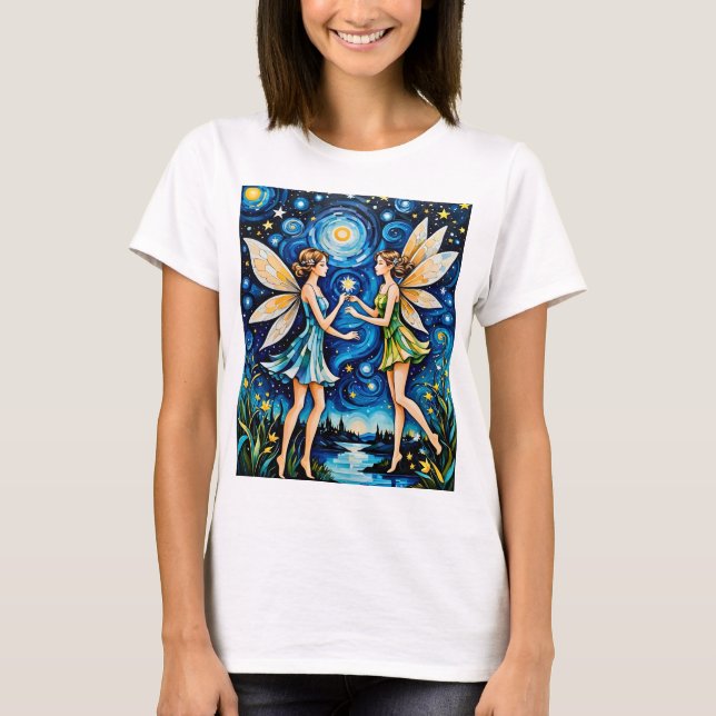 Camiseta Whimsical Starry Night Fairy Art Shirt Fantasy (Frente)
