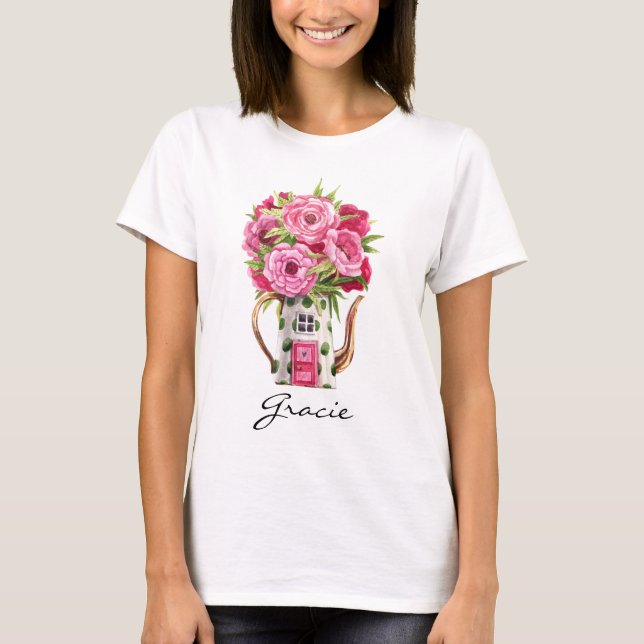 Camiseta Whimsical Watercolor Fairytale Teapot House (Frente)