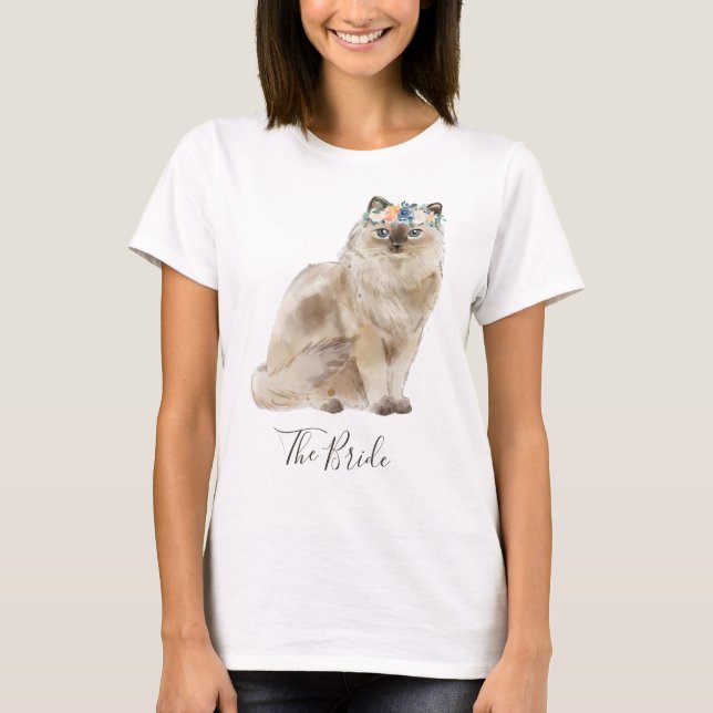 Camiseta Whimsical Watercolor Floral Bride Cat (Frente)