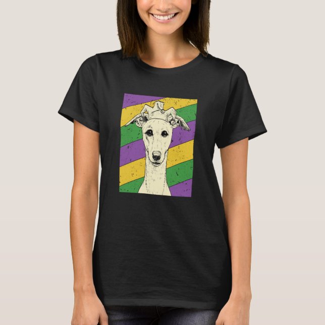 Camiseta Whippet Jester Mardi Gras Dog Mom or Dad (Frente)