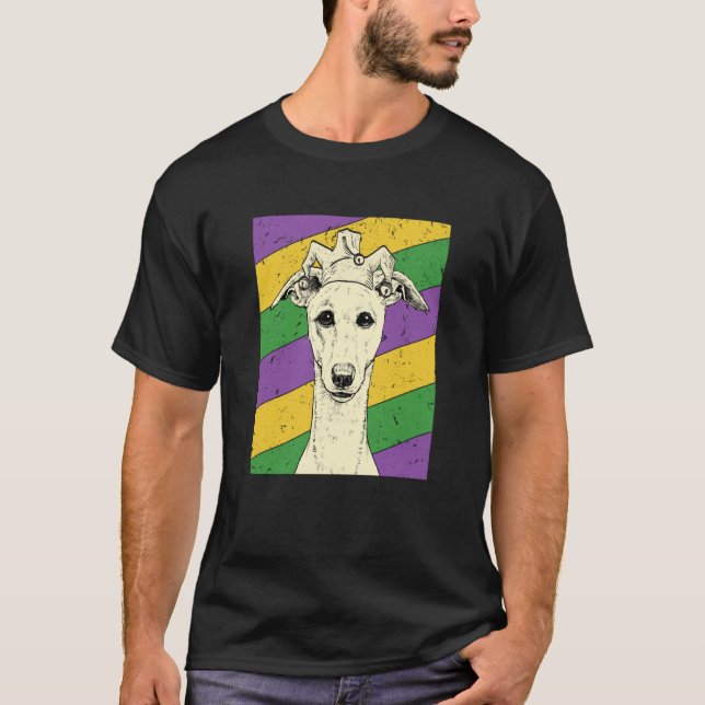Camiseta Whippet Jester Mardi Gras Dog Mom or Dad (Frente)
