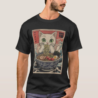 Camiseta White Anime Cat Ramen Noodles Japanese Funny Kawai
