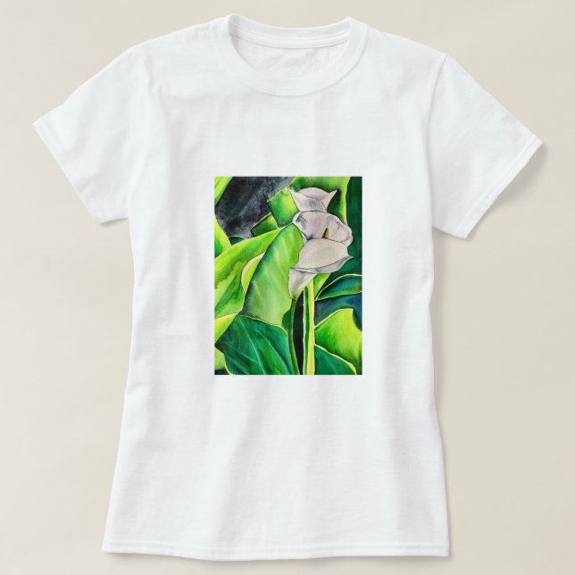 Camiseta White Arum Lily Watercolor, floral tropical (Frente do Design)