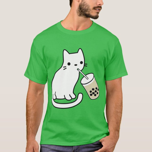 Camiseta White Cat Drinking Boba Milkea boy (Frente)