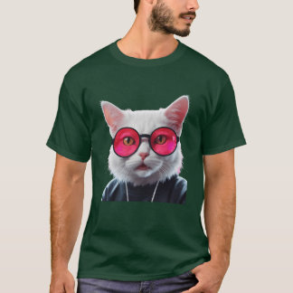 Camiseta White Cat with Pink Glasses Cool