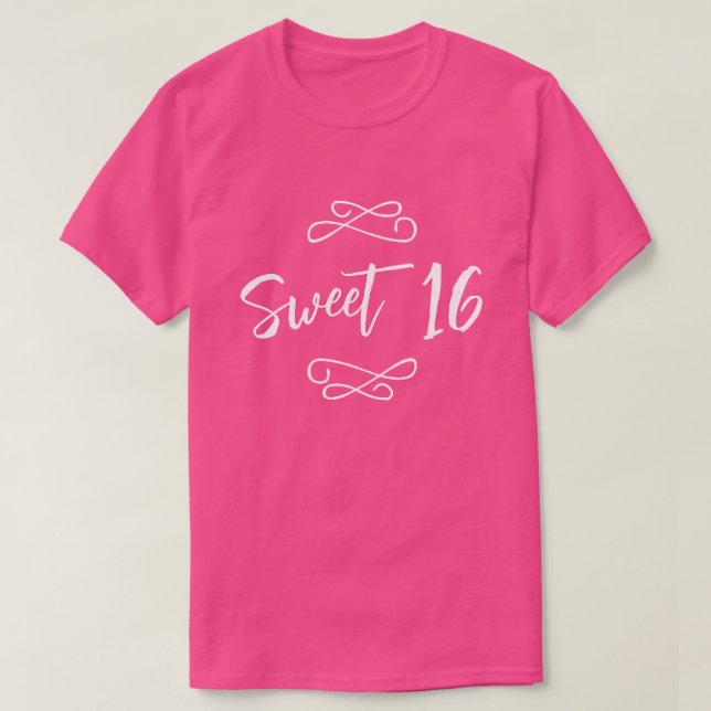 Camiseta White Chic Doodle Modern Script Sweet 16, Rosa-Que (Frente do Design)