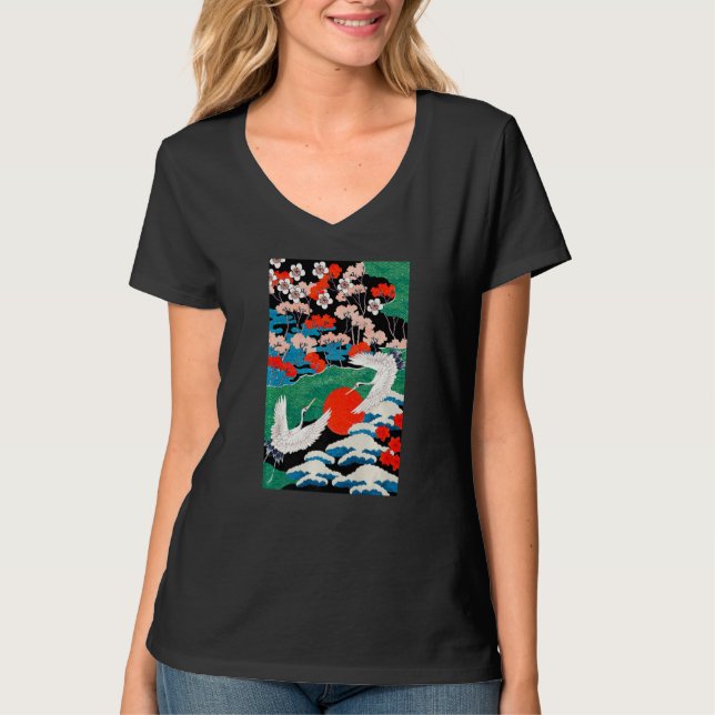 Camiseta White Cranes Birds Japanese Illustration (Frente)