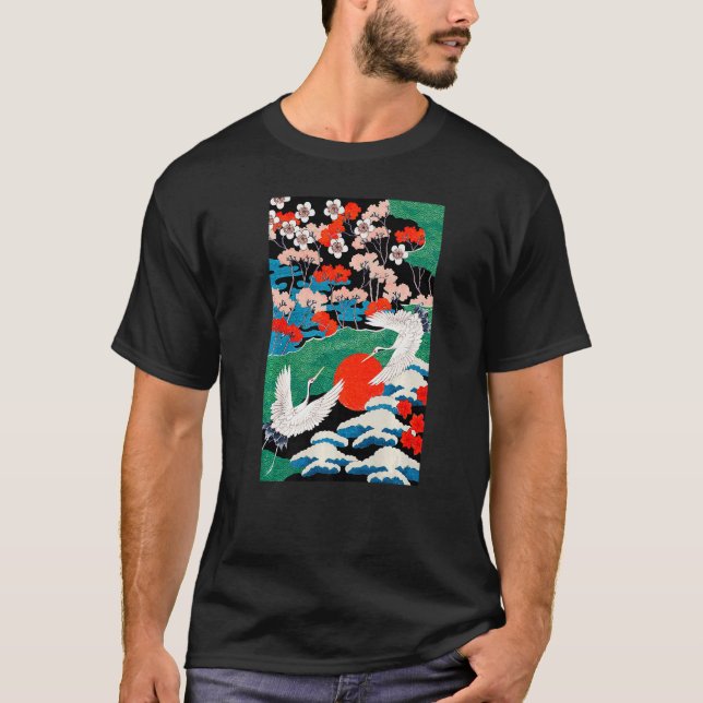 Camiseta White Cranes Birds Japanese Illustration (Frente)