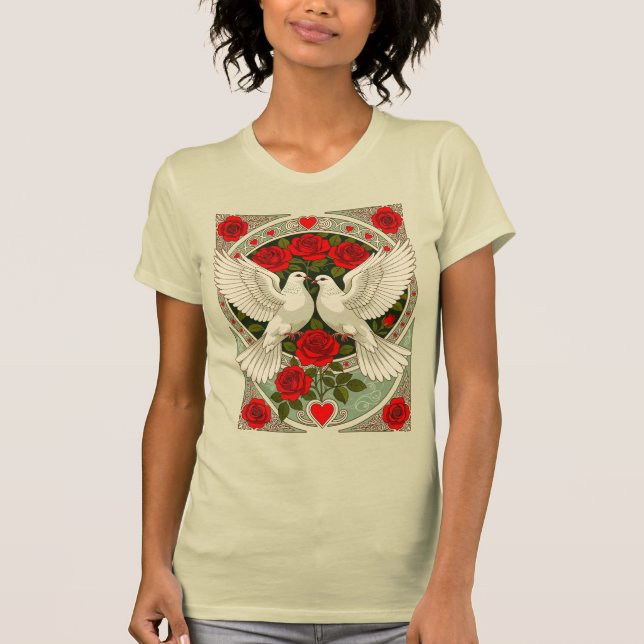 Camiseta White Doves and Red Roses Art Nouveau (Frente)