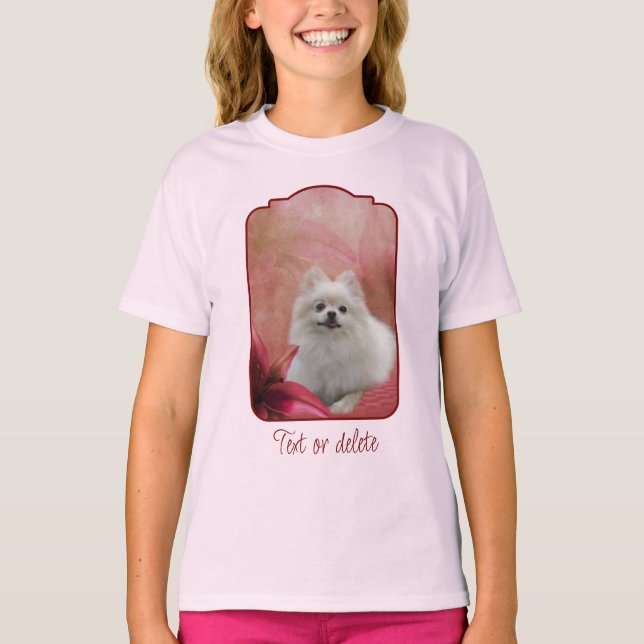Camiseta White Pomeranian Dog Lily Flowers Animal Art (Frente)