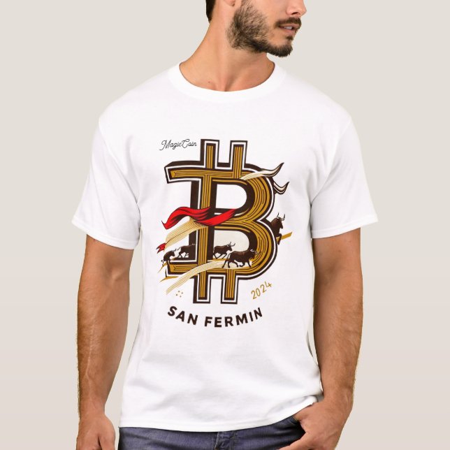Camiseta White San Fermin and cryptocurrencies t-shirt. (Frente)
