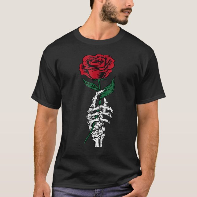 Camiseta White Skeleton Hand Holding Rose Flower Funny Vale (Frente)