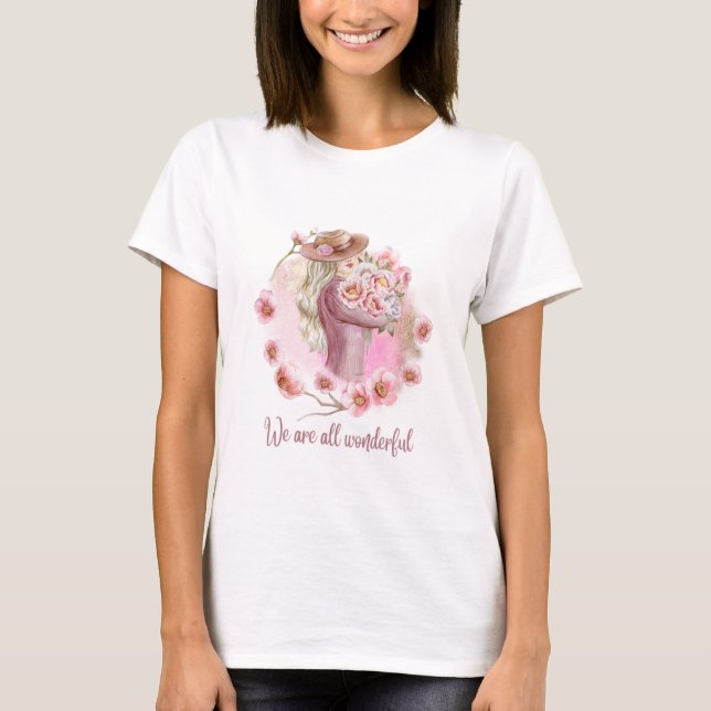 Camiseta White TShirt with Woman Holding Pink Flowers  (Frente)